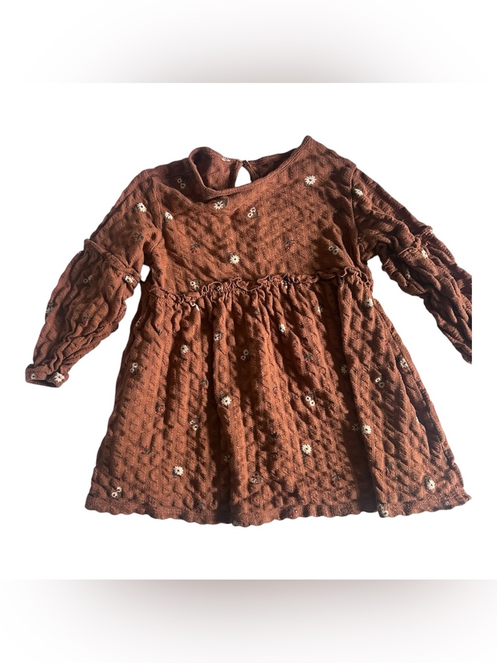 Little Co Toddler Rust Brown Floral Textured Long-Sleeve Fall Dress